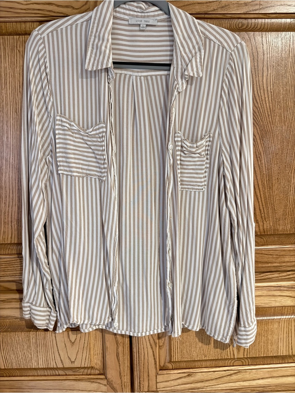 Love Tree Beige and White Striped Button-Front Shirt